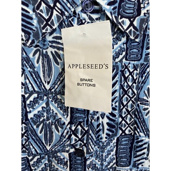 Appleseeds Women’s SM Blue Crinkled Cotton Geometric Print Button Down Shirt NWT - Picture 4 of 12